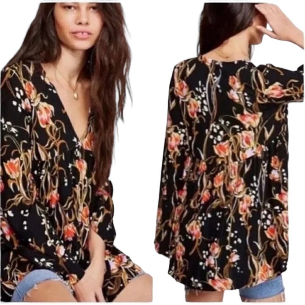 FREE PEOPLE Bella Floral Bell Sleeve V-Neck Tunic Top - Size Small